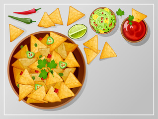 Bowl with nachos, salsa, guacamole and ranch sauces top view. Traditional Mexican food tortilla chips with dressing, lime slice and jalapeno hot chili peppers on table. Cartoon vector illustration