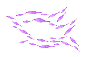 Silhouettes of groups of  fishes on white. Watercolor
