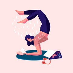 Girl, women doing yoga. Reading books, magazines, listening podcasts. Mind and emotions control. Health activity. Vector illustration. Poster, print, sticker, card design. `Isolated on pink background