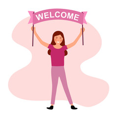Smiling woman holding a welcome sign in flat design. Greeting characters for welcoming concept.