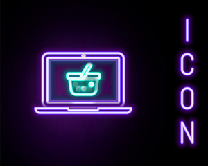 Glowing neon line Shopping basket on screen laptop icon isolated on black background. Concept e-commerce, e-business, online business marketing. Colorful outline concept. Vector