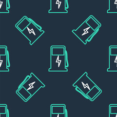 Line Electric car charging station icon isolated seamless pattern on black background. Eco electric fuel pump sign. Vector
