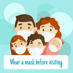 A family of mom, dad, two daughters and a son wearing protective masks against infection with the new coronavirus on a blue background with instructions for wearing a protective mask in public places.