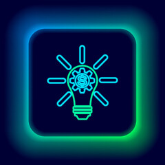 Glowing neon line Light bulb with gear inside and dollar symbol icon isolated on black background. Fintech innovation concept. Colorful outline concept. Vector