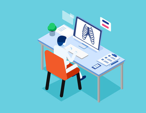 Doctor at work concept. Isometric science vector style