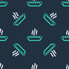 Line Hotdog sandwich with mustard icon isolated seamless pattern on black background. Sausage icon. Fast food sign. Vector