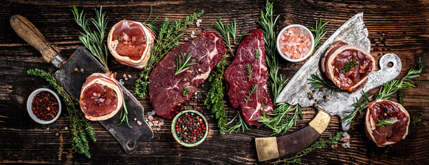Set of various classic raw meat, veal beef steaks beef rump steak, Tenderloin fillet mignon served...