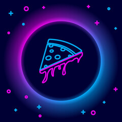 Glowing neon line Slice of pizza icon isolated on black background. Colorful outline concept. Vector