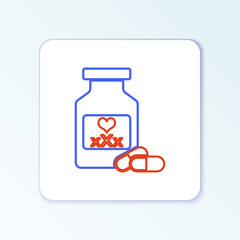 Line Medicine bottle with pills for potency, aphrodisiac icon isolated on white background. Sex pills for men and women. Colorful outline concept. Vector