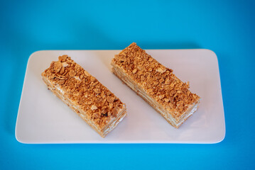 Honey cake on a blue background
