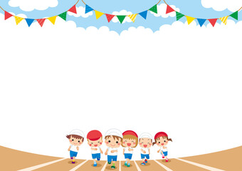 運動会で徒競走をしている可愛い子供たちのイラスト　背景　テンプレート　コピースペース