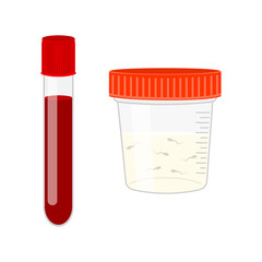 Male infertility tests. Blood and semen analysis. Blood in glass tube and sperm in plastic container isolated on white background. Vector cartoon illustration.