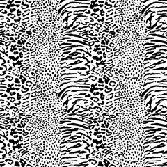 Mix animal skin prints, tiger, leopard, jaguar seamless pattern vector design. Dotted texture. Black and white, contrast spots.