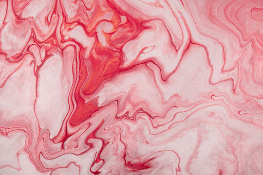 Abstract Fluid Art Background Dark Red And White Colors. Liquid Marble. Acrylic Painting With Pink Gradient And Splash