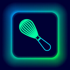 Glowing neon line Kitchen whisk icon isolated on black background. Cooking utensil, egg beater. Cutlery sign. Food mix symbol. Colorful outline concept. Vector