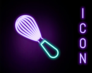 Glowing neon line Kitchen whisk icon isolated on black background. Cooking utensil, egg beater. Cutlery sign. Food mix symbol. Colorful outline concept. Vector