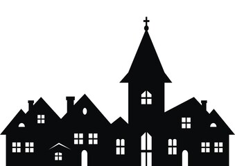Obraz premium Township with church, black silhouette on white background, vector illustration