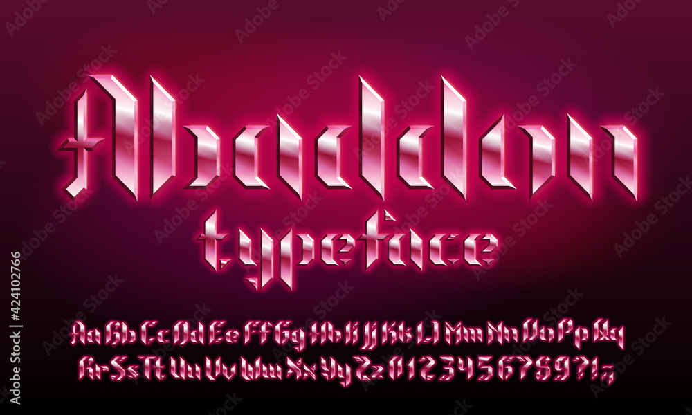 Fototapete abaddon alphabet font. glowing letters and numbers in heavy metal style. uppercase and lowercase. re