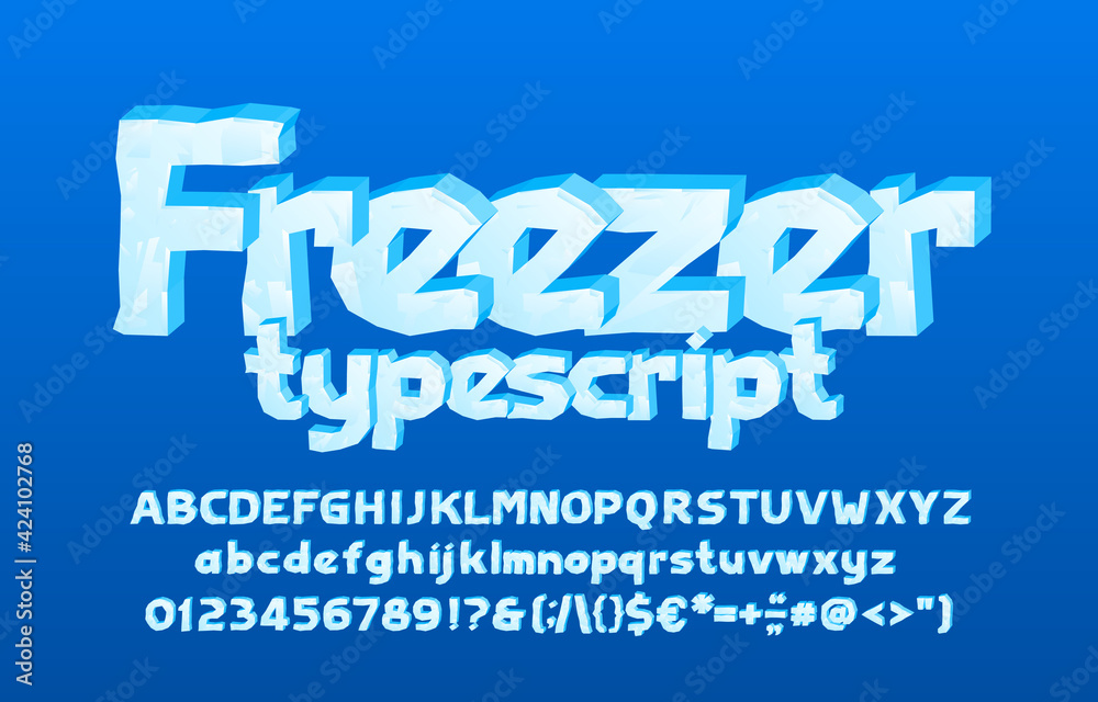Poster freezer alphabet font. 3d cartoon ice letters, numbers and punctuation. uppercase and lowercase. sto