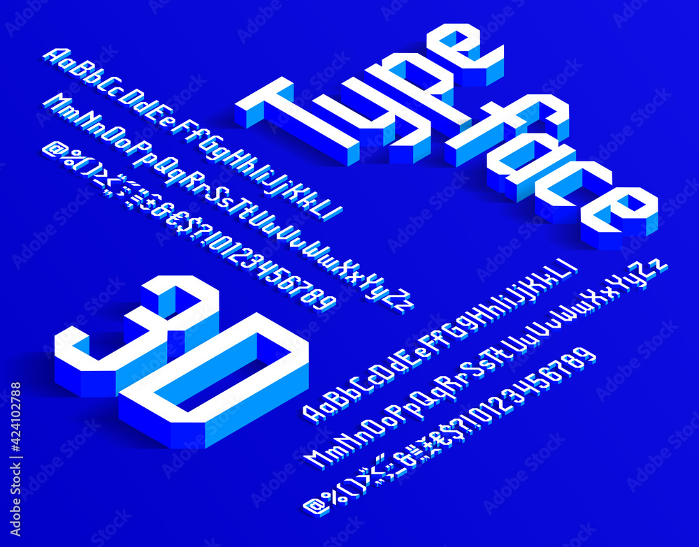 Poster 3d alphabet font. isometric letters, numbers and punctuation. uppercase and lowercase. stock vector 