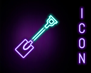 Glowing neon line Garden shovel icon isolated on black background. Gardening tool. Tool for horticulture, agriculture, farming. Colorful outline concept. Vector