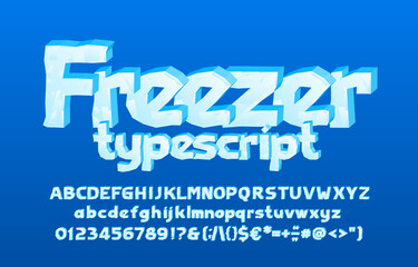 Freezer alphabet font. 3D cartoon ice letters, numbers and punctuation. Uppercase and lowercase. Stock vector typescript for your typography design.