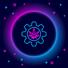 Glowing neon line Chemical test tube with marijuana or cannabis leaf icon isolated on black background. Research concept. Laboratory CBD oil concept. Colorful outline concept. Vector