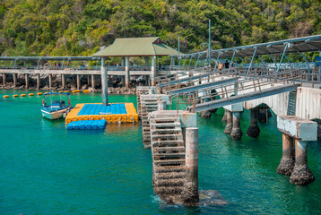Tourist boat mooring at Koh Lan, Pattaya, Thailand, March 30, 2021.