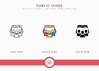 Public icons set vector illustration with solid icon line style. Government people election concept. Editable stroke icon on isolated background for web design, user interface, and mobile app