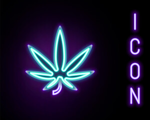 Obraz premium Glowing neon line Medical marijuana or cannabis leaf icon isolated on black background. Hemp symbol. Colorful outline concept. Vector