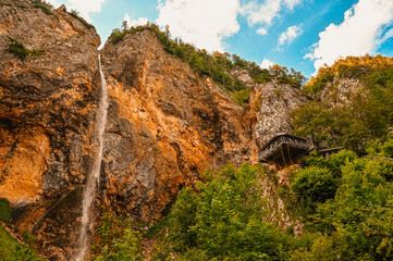 Rinka waterfall located in Logarska dolina national park in Slovenia, Second highest waterfall in Slovenia. Popular hiking destination in the Alps © Zedspider