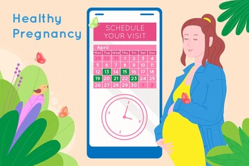 Pregnancy medical appointment. Pregnant happy beautiful young woman makes an appointment with a doctor using a calendar. Flat cartoon vector illustration of a woman awaiting the birth of a child.