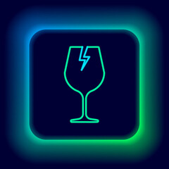 Glowing neon line Fragile broken glass symbol for delivery boxes icon isolated on black background. Colorful outline concept. Vector