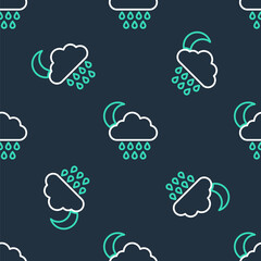 Line Cloud with rain and moon icon isolated seamless pattern on black background. Rain cloud precipitation with rain drops. Vector