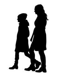 Families with little child walking on street. Isolated silhouettes of people on white background