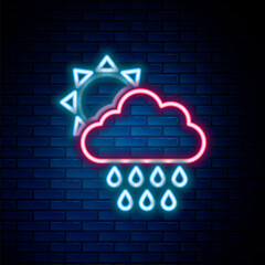 Glowing neon line Cloud with rain and sun icon isolated on brick wall background. Rain cloud precipitation with rain drops. Colorful outline concept. Vector