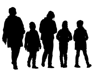 Families with little child walking on street. Isolated silhouettes of people on white background