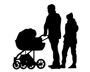 Families with little child walking on street. Isolated silhouettes of people on white background