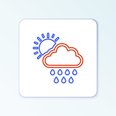 Line Cloud with rain and sun icon isolated on white background. Rain cloud precipitation with rain drops. Colorful outline concept. Vector