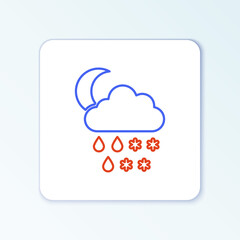 Line Cloud with snow, rain and moon icon isolated on white background. Weather icon. Colorful outline concept. Vector