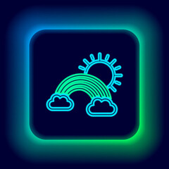 Glowing neon line Rainbow with clouds and sun icon isolated on black background. Colorful outline concept. Vector