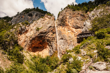Rinka waterfall located in Logarska dolina national park in Slovenia, Second highest waterfall in Slovenia. Popular hiking destination in the Alps © Zedspider
