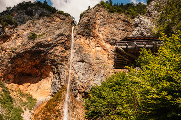 Rinka waterfall located in Logarska dolina national park in Slovenia, Second highest waterfall in Slovenia. Popular hiking destination in the Alps © Zedspider