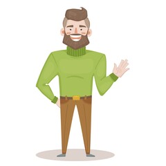 The only image is a cheerful man with a beard waving his hand in greeting. Hello from the funny guy. Smiling business man. Vector illustration in cute cartoon flat style for printing or digital use.