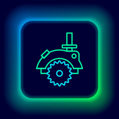 Glowing neon line Electric circular saw with steel toothed disc icon isolated on black background. Electric hand tool for cutting wood or metal. Colorful outline concept. Vector