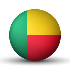 Fototapeta premium Glass light ball with flag of Benin. Round sphere, template icon. National symbol. Glossy realistic ball, 3D abstract vector illustration highlighted on a white background. Big bubble