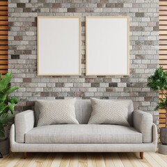 Photo frame on a brick wall in a modern living room decorated with a sofa and plant pots on the wooden floor.3d rendering.