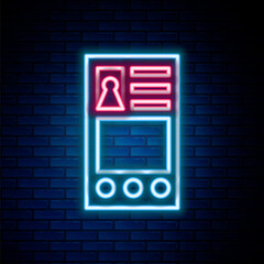 Glowing neon line Create account screen icon isolated on brick wall background. Colorful outline concept. Vector