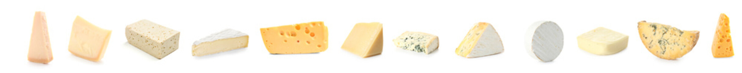 Assortment of tasty cheeses on white background