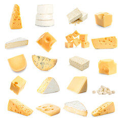 Assortment of tasty cheeses on white background